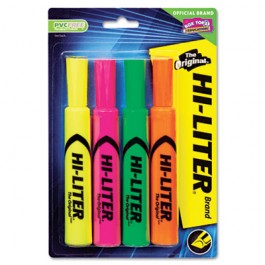 Desk Style Highlighter, Chisel Tip, Fluorescent Yellow/Orange/Green/Pink, 4/Set