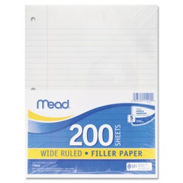 Filler Paper, 15-lbs., Wide Ruled, 3-hole punched, 10-1/2 x 8, 200 Sheets/Pack