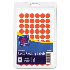 Removable Self-Adhesive Color-Coding Labels, 1/2in dia, Neon Red, 840/Pack