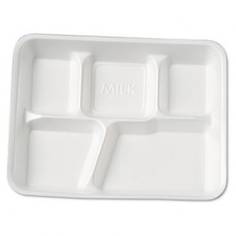 Foam School Trays, 5-Compartment, 10.38 x 8 3/8 x 1 3/16, White