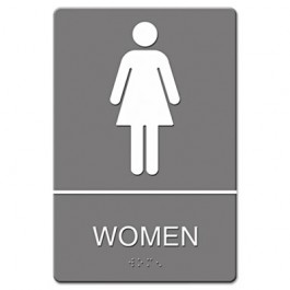 ADA Sign, Women's Restroom w/Tactile Graphic, Plastic, 6 x 9, Gray