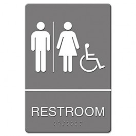 ADA Sign, Restroom/Wheelchair Accessible Tactile Symbol, Plastic, 6x9,Gray/White