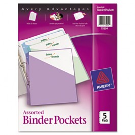 Ring Binder Polypropylene Pockets, 8-1/2 x 11, Assorted Colors, 5 Pockets/Pack