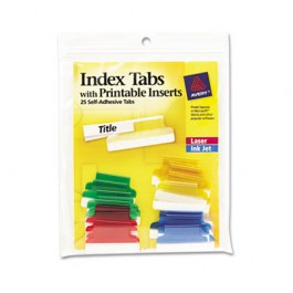 Self-Adhesive Tabs with White Printable Inserts, 1 Inch, Assorted Tab, 25/Pack