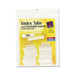 Self-Adhesive Tabs with White Printable Inserts, One Inch, Clear Tab, 25/Pack