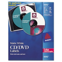 Laser CD/DVD Labels, Matte White, 30/Pack