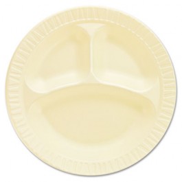 Foam Plastic Plates, 10 1/4 Inches, Honey, Round, 3 Compartments, 125/Pack