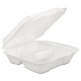 Foam Hinged Carryout Container, 3-Compartment, White, 9-1/4 x 9-1/4 x 3