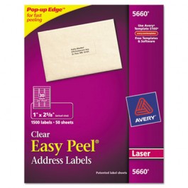 Easy Peel Laser Mailing Labels, 1 x 2-5/8, Clear, 1500/Box