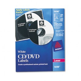 Laser CD/DVD Labels, Matte White, 100/Pack