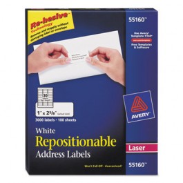Re-hesive Laser Labels, 1 x 2 5/8, White, 3000/Box
