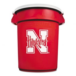 Team Brute Round Container w/Lid, Univ. of Nebraska, 32 Gal, Plastic, Red/White