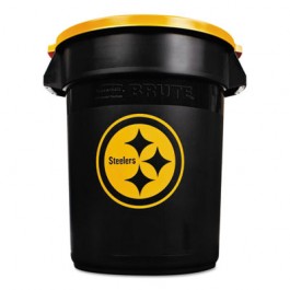 Team Brute Round Container w/Lid, Steelers, 32 Gal, Plastic, Black/Yellow