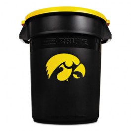 Team Brute Round Container w/Lid, Iowa Hawkeyes, 32 Gal, Plastic, Black/Yellow