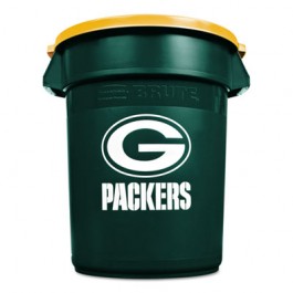 Team Brute Round Container w/Lid, Packers, 32 Gal, Plastic, Green/White/Yellow
