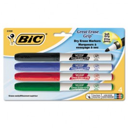 Great Erase Grip Dry Erase Markers, Fine Point, Assorted, 4/Set