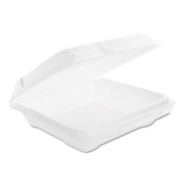 Hinged Carryout Containers, Foam, White, Vented, 9 1/4W x 9 1/4D x 3H