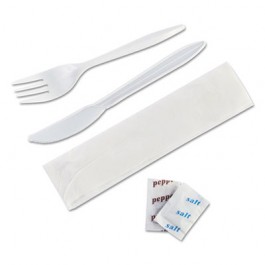Wrapped Cutlery Kit, 6 1/4", Fork/Knife/Napkin/Salt/Pepper, White
