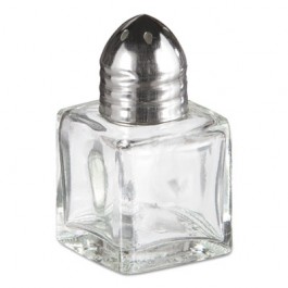 Mini Cube Salt/Pepper Shakers, Glass/Chrome, 1/2oz,2", Clear/Silver