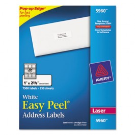 Easy Peel Laser Address Labels, 1 x 2-5/8, White, 7500/Box