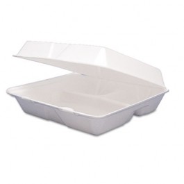 Hinged Food Containers, Foam, 3-Comp, 8-3/8 x 7-7/8 x 3-1/4
