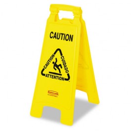 Multilingual "Caution" Floor Sign, Plastic, 11 x 1-1/2 x 26, Bright Yellow