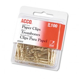 Paper Clips, Wire, No. 2, 1-1/8", Gold Tone, 100/Box
