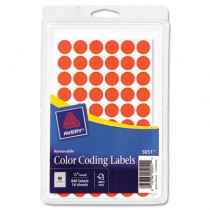 Removable Self-Adhesive Color-Coding Labels, 1/2in dia, Neon Red, 840/Pack