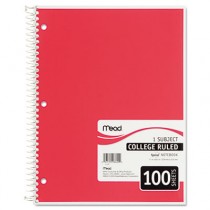 Spiral Bound Notebook, College Rule, 8" x 10-1/2", White, 100 Sheets/Pad