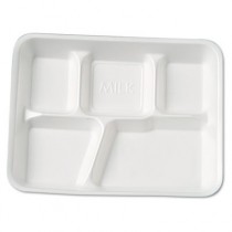Foam School Trays, 5-Compartment, 10.38 x 8 3/8 x 1 3/16, White