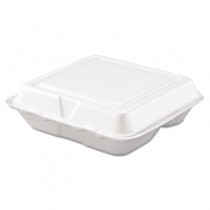 Small Foam Hinged Lid Carryout Container, 3-Compartment White, 8x7-1/2x2-3/10