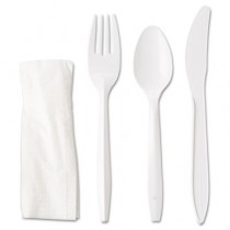 Wrapped Cutlery Kit, 6 1/4", Fork/Knife/Spoon/Napkin, White