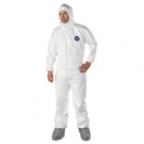 Tyvek Elastic-Cuff Hooded Coveralls With Attached Boots, White, Size Large