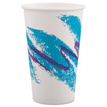 Jazz Hot Paper Cups, 16 oz., Polycoated, Jazz Design, White/Green/Purple, 50/Bag