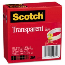 Transparent Tape 600-2P34-72, 3/4" x 2592", 3" Core, Transparent, 2 Rolls