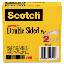665 Double-Sided Tape, 1/2" x 1296", 3" core, Transparent, 2 Rolls