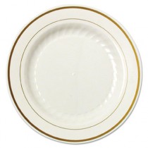 Masterpiece Plastic Plates, 9 in., Ivory w/Gold Accents, Round, 10/Pack