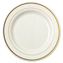 Masterpiece Plastic Plates, 6 in., Ivory w/Gold Accents, Round, 125/Pack