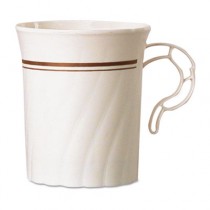 Masterpiece Plastic Mugs, 8 oz., Ivory with Gold Print, 8/Pack