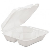Foam Hinged Carryout Container, 3-Compartment, White, 8-1/4 x 8 x 3