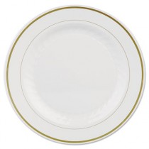 Masterpiece Plastic Plates, 10 1/4in, Ivory w/Gold Accents, Round, 10/Pack
