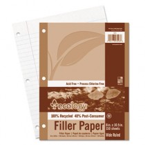 Ecology Filler Paper, 8 x 10-1/2, Wide Ruled, 3-Hole Punch, White, 150 Sheets/PK
