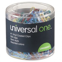 Paper Clips, Vinyl Coated Wire, No. 1, Assorted Colors, 500/Pack