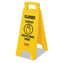 Multilingual "Closed" Sign, 2-Sided, Plastic, 11w x 1.5d x 26h, Yellow