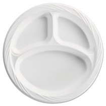 Plastic Plates, 10 1/4 in., White, Round, 3 Compartments, Lightweight, 125/Pack
