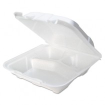 Foam Hinged Lid Containers, White, 9 x 9 x 3-1/4, 3-Compartment