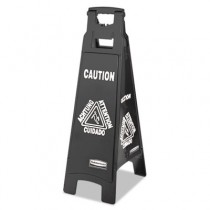 Executive 4-Sided Multi-Lingual Caution Sign, Black/White, 11.9W x 38H