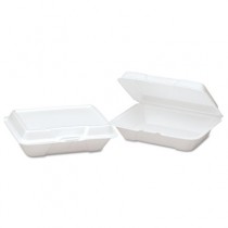 Foam Hinged Carryout Container, Shallow, 9-1/5 x 6-1/2 x 2-8/9, White, 100/Bag
