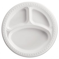 Heavyweight Plastic Plates, 10 1/4" Dia., White, Round, 3 Compartments, 125/Pack