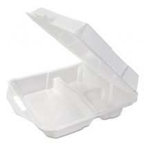 Foam Hinged Container, Small, 3-Compartment, 8x7-1/2x2-4/5, White, 100/Bag